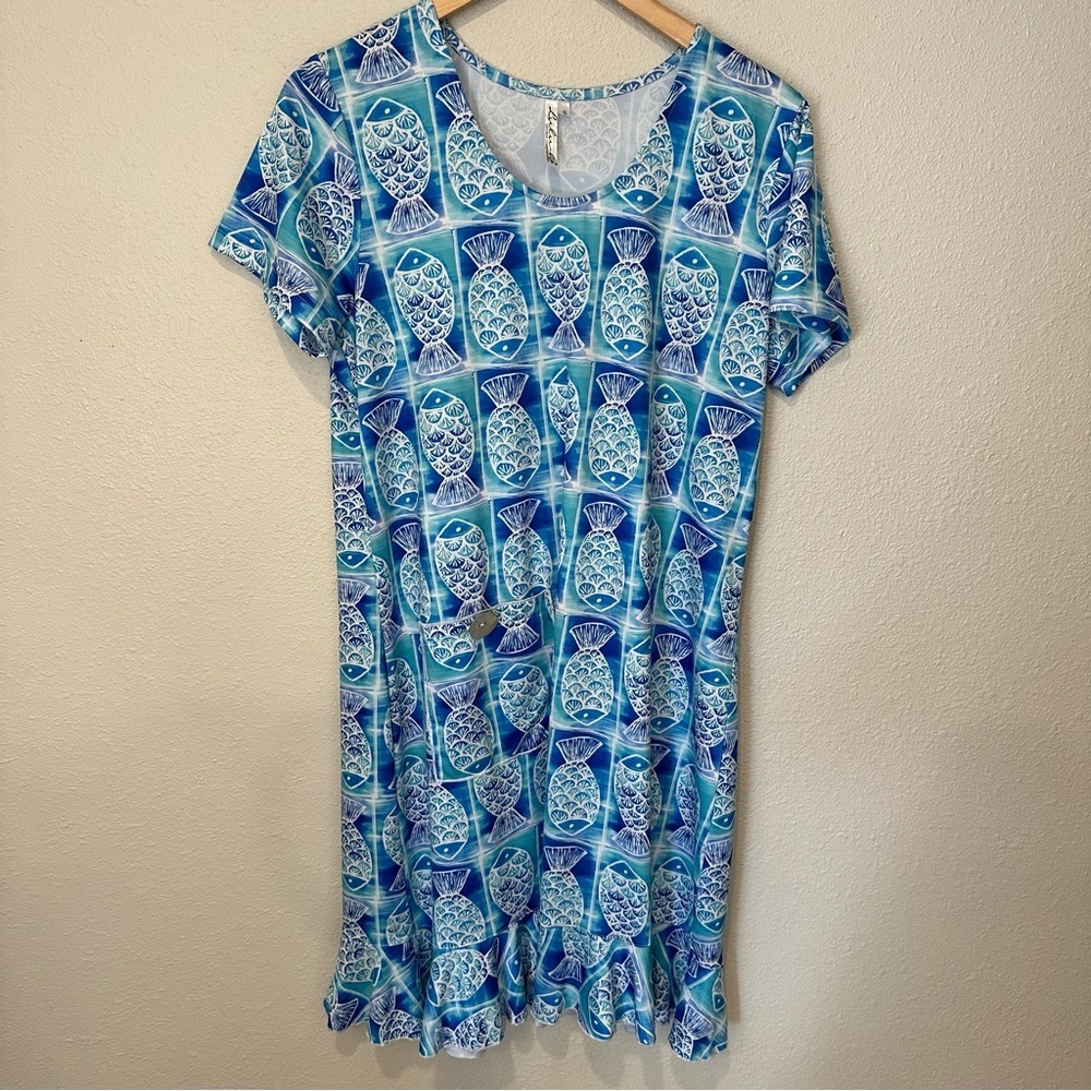 Lulu-B Blue & Aqua Fish Print Midi Dress